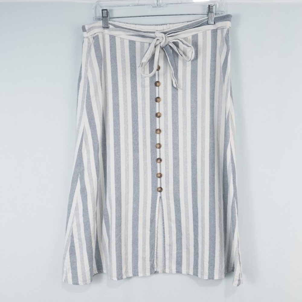 NYCC Striped Linen Rayon Midi Skirt Medium Buttons Tie Coastal Nautical Preppy